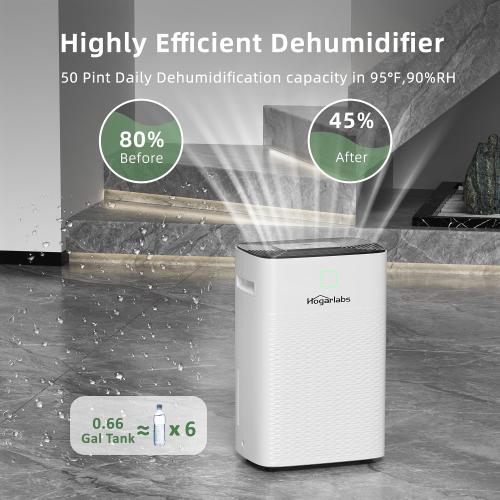 HOGARLABS 50 Pint Smart Dehumidifiers for Home and Basements, with 3 Working Modes, Overflow Protection, and Auto Shut off Restart. Ultra Silent Dehumidifier with Drain Hose and Digital Control Panel.
