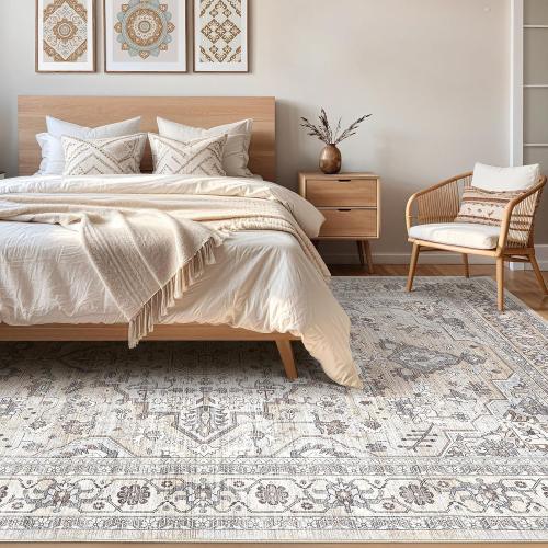 Area Rug Living Room: Washable Boho Large Neutral Vintage Soft Rugs Stain Resistant Farmhouse Non Slip Indoor Floor Carpet for Bedroom Nursery Kids Playroom Office Dining Room Home- Ivory Gray
