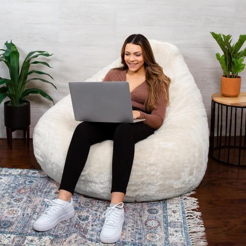 Big Joe Lotus Foam Filled Teardrop Bean Bag Chair with Removable Cover, Ivory Short Shag, Soft Faux Fur, 4 feet Big, Fuf Large Teardrop