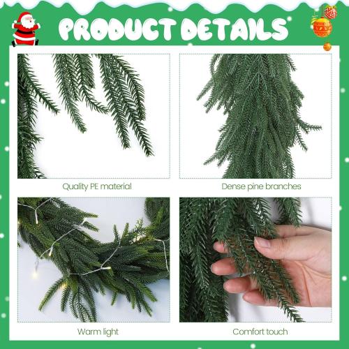 Fovths 2 Pack 6 Feet Christmas Norfolk Garlands, Winter Pine Garland Ornament with Light String, Green Artificial Greenery Garland for Table Mantle Wall Indoor Outdoor Christmas Decor