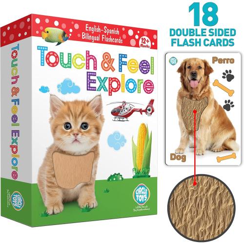 My Touch and Feel English Spanish Bilingual Picture Double Sided Sensory Flash Cards for Infant, Toddlers, Kids, Learn Animals, Fruits, Objects and Vehicles, Fun Learning and Educational Flashcards