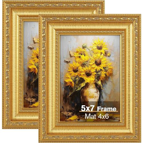 5x7 Gold Picture Frames Set of 2, Ornate Vintage 5 x 7 Photo Frames for Wall Decor or Tabletop Display,5 x 7 Gold Frame with Real Glass, Display 4x6 Pictures with Mat or 5x7 without Mat for Antique Déco