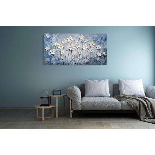 YHSKY ARTS 3D Hand - Painted White Floral Wall Art with Printed Blue Background, Textured Flower Decor for Home