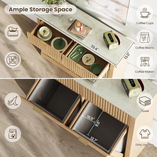 Double Tilt Out Trash Can Cabinet,20 Gallon Fluted Laundry Hamper Cabinet with 2 Drawers,Freestanding Wooden Hidden Garbage Can Cabinets with 2 Laundry Storage Basket for Kitchen,Living Room,Natural