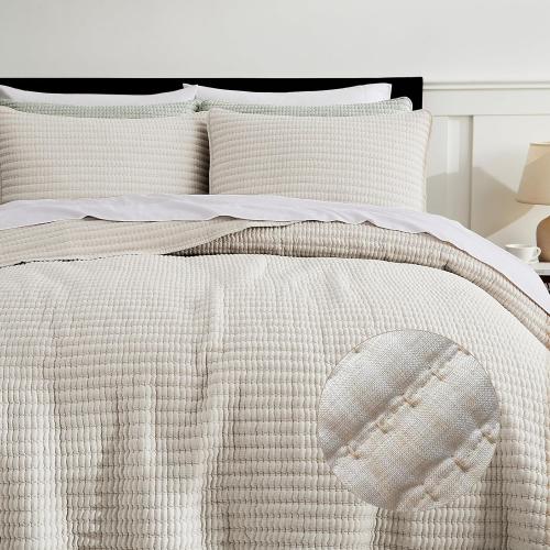 WDCOZY Beige Pick Stitch King Size Quilt Set, Striped Lightweight Soft Summer Spring Bedspread, Bamboo Linen Like Textured Coverlet, Chambray Farmhouse Country Rustic Bedding, Netural Thin Comforter