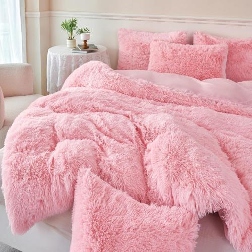 RYNGHIPY Pink Fluffy Velvet Bedding Set 3Pcs Ultra Soft Long Hair Plush Shaggy Duvet Cover with Pillowcases Twin Size Girls Bedding Sets (Pink,Twin)
