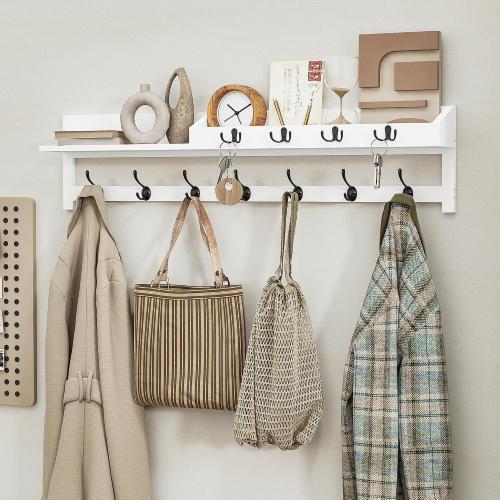 AMBIRD 35 inch Coat Rack Wall Mount, Extra Long Coat Hooks Wall Mount, Entryway Shelf with 7 Dual Coat Hooks 4 Key Hooks Mail Organizer, Wooden Wall Coat Rack with Hooks, Key Holder Rack (White)