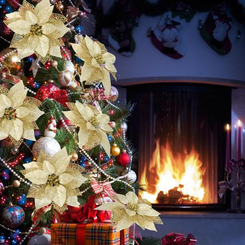 Childom 12 PCS Poinsettia Flower Artificial Poinsettia Christmas Decoration 8.7'' Gold Glitter Poinsettias Christmas Ornaments Xmas Tree Flower Decor with Clips DIY Xmas Wreath Holiday Home Party