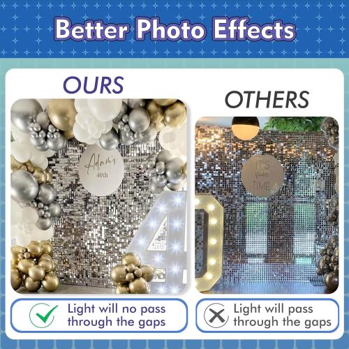 Qcity Silver Shimmer Wall Backdrop 36PCS, Black Back Not See-Through Design, Square Sequin Glitter Backdrop Panel, Perfect for Outdoor Events, Birthdays, Wedding and Party Decoration