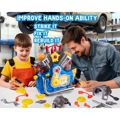 POFJOEQ Engine Building Kit, Kids Mechanic Repair Set for Kids Motorcycle Engine，Take Apart Toys-42pc Playset，STEM Engine Model Kit Toy with Cool Lights&Sounds，Educational Toys for 3  Year Old (Blue)
