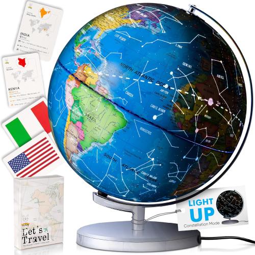 SMART WALLABY 9 Illuminated Educational Kids World Globe   STEM Flags & Countries Interactive Card Game. 3 in 1 Children Desktop Spinning Earth Political & Constellation Maps, LED Night Light Lamp
