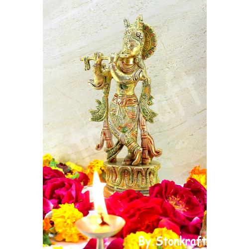 StonKraft Brass Krishna Kishan Kanha Murti Idol Statue Sculpture - 9 Inches