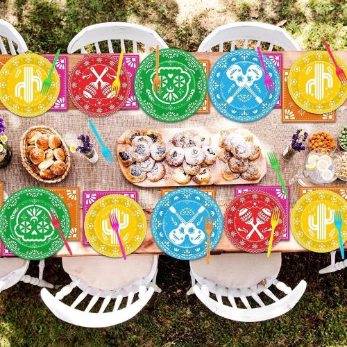 96 Pcs Mexican Fiesta Tableware 5 De Mayo Party Supplies for 24 Guests Mexican Papel Picado Disposable Plates Napkins for Party Decorations Fiesta Taco Carnival Birthday Baby Shower Favors