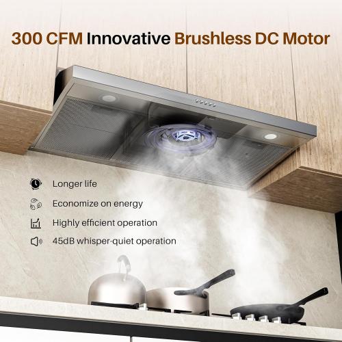 FIREGAS Size  36 Inch Under Cabinet Range Hood, Ducted/Ductless Convertible Kitchen Vent Hood with 3-Speed Exhaust Fan, 300 CFM, LED Lights, Stainless Steel Stove Hood for Kitchen