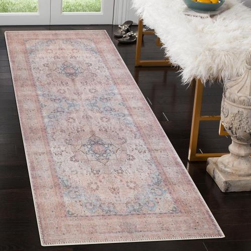 GLN Rugs Vintage Collection - Machine Washable Area Rug, Vintage Washable, Non Slip, Low Pile Rug, Living Room, Bedroom, Bathroom Rug - Easy Clean (2'6x7' Multi/Pink)