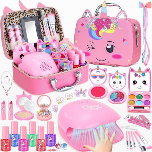 PERRYHOME Kids Makeup Kit for Girl, Non-Toxic Kids Nails Set for Girls with Nail Dryer, Unicorn Real Washable Cosmetic Set, 2026 New Princess Toys & Birthday Gifts for Girls for 3 4 5 6 7 8  Year Old