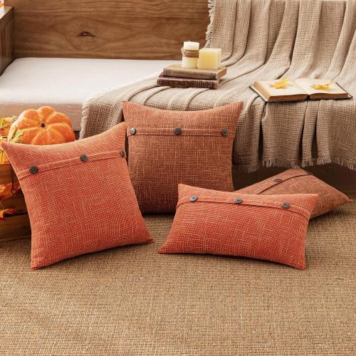MIULEE Set of 2 Linen Throw Pillow Covers Cushion Case Fall Triple Button Vintage Farmhouse Pillowcase for Couch Sofa Bed Living Room 20 x 20 Inch Rust