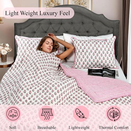 Ridhi Block Print Reversible Cozy Quilt Punch Pink Twin 60 X 90 Lightweight Blanket for Sofa, Couch, Bed Soft Breathable Comforter Handmade Bedspread Duvet for Farmhouse, Home, Winter