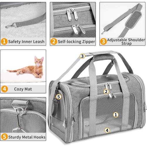 Soft-Sided Cat/Dog/Pet Carrier, Collapsible Pets Travel Carriers for Big Cats/Small Dogs with Shoulder Strap & Removable Mat, Mesh Puppy Carry Bag, Up to 16 Lbs, TSA Airline Approved(Gray)