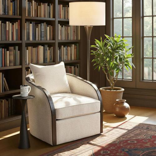 LumiSource Gemma Upholstered Contemporary Swivel Accent Chair in Espresso Wood and Fabric, Living Room Upholstered Accent Swivel Chair (Sand)