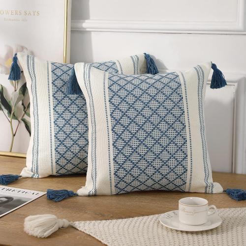 PANOD Set of 2 Boho Cotton Knitted Decorative Throw Pillow Covers with Tassel Blue and White,Modern Accent Classical Farmhouse Jacquard Squard Pillow Cover Cushion Case for Sofa Couch,18X18