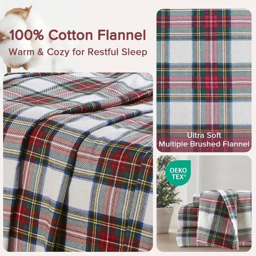 Comfort Spaces Cotton Flannel Sheets Cal King Size, Ultra Soft Flannel Sheet Set with 14 Elastic Pocket Fits up to 16 Mattress, Plain Print Warm Flannel Bedding, Scottish Plaid Red 4 Piece