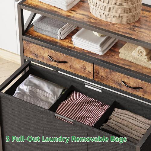 Laundry Hamper 3 Section, 150L Rolling Laundry Sorter Basket with 2 Shelves and 2 Drawers, 3 Compartment Clothes Organizer Cart with Wheels, Pull-Out Bags for Laundry Room, Bathroom, Bedroom