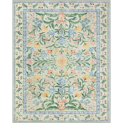 Wonnitar Boho Washable Rugs 8x10, Large Floral Rugs for Bedroom, 8 x 10 Soft Green Living Room Carpet, Non Slip Ultra-Thin Carpet for Kids Playroom Dorm Dining Room
