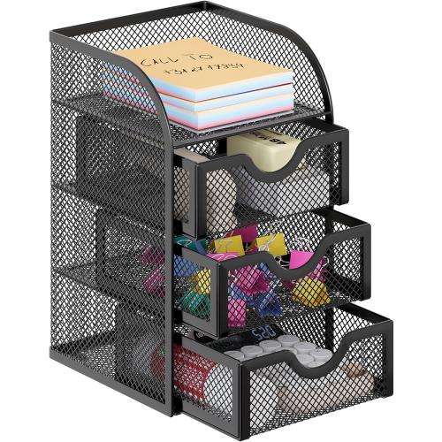 EasyPAG Mesh Desk Organizer with 3 Drawer Office Desktop Organizers and Accessories Stationery Caddy for Office, Home, Students, Black
