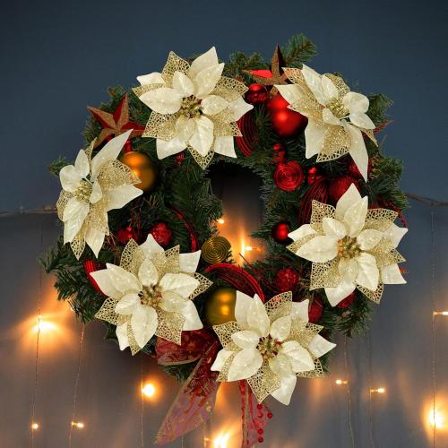 Childom 12 PCS Poinsettia Flower Artificial Poinsettia Christmas Decoration 8.7'' Gold Glitter Poinsettias Christmas Ornaments Xmas Tree Flower Decor with Clips DIY Xmas Wreath Holiday Home Party