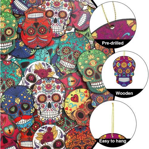 36 Pcs Sugar Skull Christmas Ornaments Wooden Day of The Dead Hanging Ornaments for Christmas Tree Xmas Dia De Muertos Cinco De Mayo Holiday Decoration