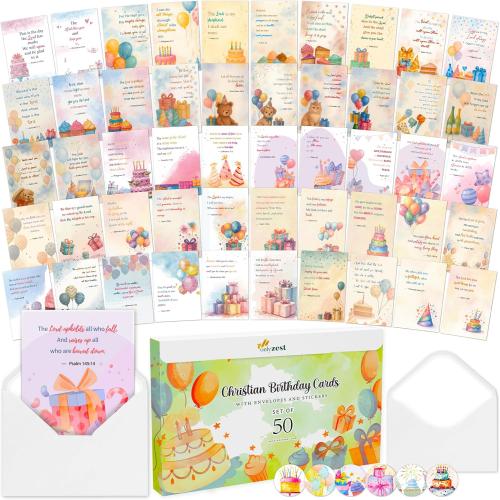 50 Unique Religious Birthday Cards with Envelopes - 4 x 6