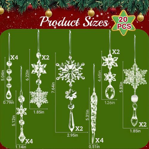 Christmas Tree Decorations Crystal Ornaments - 20Pcs Sparkling Christmas Ornaments Set Hanging Icicle Snowflake Ornaments for Xmas Tree Winter Wonderland Decorations Holiday Home Decor, Pre-Strung