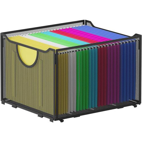 EasyPAG Hanging File Folders Organizer, Black Mesh Filing Crate, Stackable File Folder Storage Box, Desktop Document Holder for Letter Size Papers