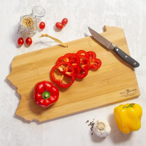 Totally Bamboo Pennsylvania State Shaped Cutting Board and Charcuterie Serving Platter with Artwork by Fish Kiss, Includes Hang Tie for Wall Display