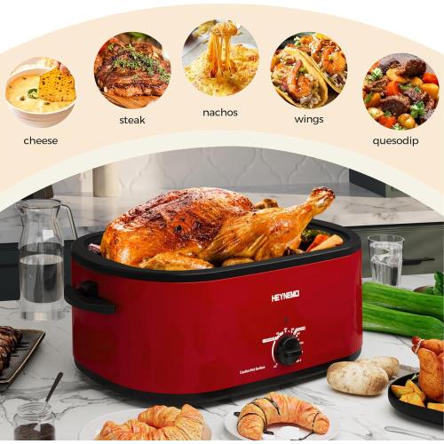 26 Quart Electric Roaster Oven with Visible & Self-Basting Lid, Large Turkey Roaster with Defrost Warm Function, Adjustable Temperature, Removable Pan Rack, Stainless Steel, Red