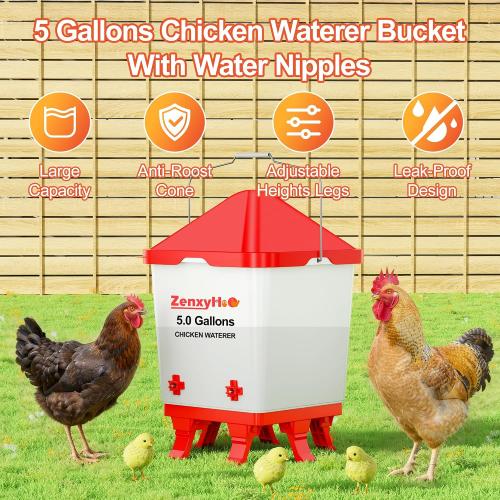 5.0 Gal Chicken Waterer Bucket with 4 Horizontal Water Nipples | Height-adjustable, Anti-roost Cone for Backyard Chicken Flocks