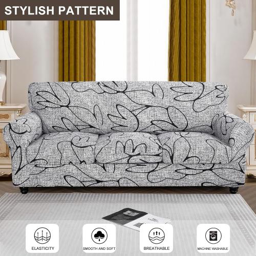 SearchI Stretch Sofa Cover Printed Couch Cover, Floral Pattern 4 Pieces Sofa Slipcover with 3 Separate Cushion Cover, Washable Furniture Protector for Living Room(Sofa, Grey Lotus White)