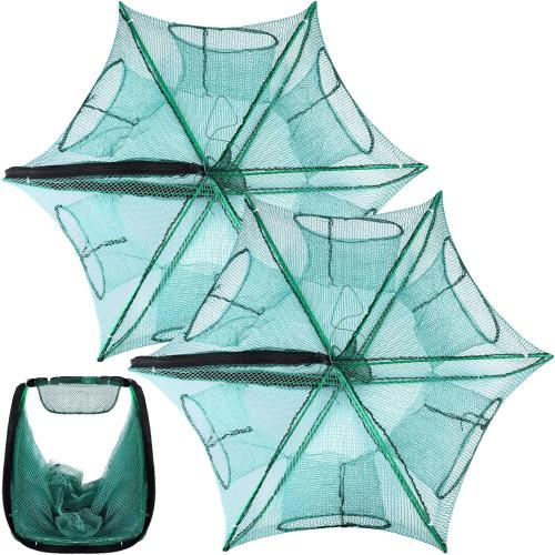Green and Blue 2 Pcs Foldable Fishing Trap Collapsible Hexagon 6 Hole Fishing Bait Trap Portable Minnow Crayfish Crab Crawdad Shrimp Net Cage Accessories