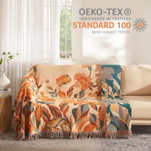 Size 90x98 Color Orange Boho Throw Blanket for Bed 90”x98”, 100% Cotton Woven Blanket for Couch Sofa, Ultra Soft 4-Layer Muslin Quilt with Floral Printed, Farmhouse Bed Blanket/Cover for Living Room Decor