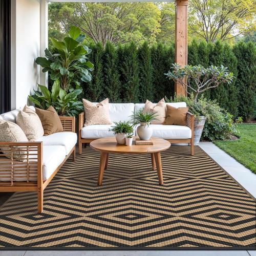 GENIMO Outdoor Rug for Patio Clearance, 8'x10' Reversible Plastic Straw Rugs, Lightweight Waterproof Modern RV Camping Mat for Camper, Balcony, Deck, Backyard, Picnic, Black Brown