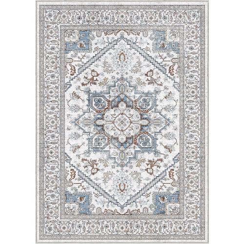 OPPODREAM Soft 10x14 Area Rugs, Neutral Washable Rugs 10x14 with Non Slip Backing, Low-Pile Faux Cashmere 10 x 14 Carpet, Cream White & Blue & Light Brown