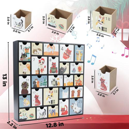 SUNGIFT Wooden Advent Calendar with Drawers - Refillable Christmas Countdown Calendar with Cute Cat Design for Gifts