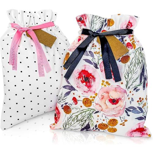 Gather & Knot Drawstring Gift Bags | 16 Medium | Premium Canvas | Reusable Fabric Wrap for Mother's Day, Weddings, Bridesmaids, Birthdays - All Occasion | Pink Floral