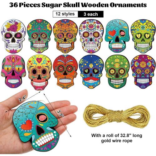 36 Pcs Sugar Skull Christmas Ornaments Wooden Day of The Dead Hanging Ornaments for Christmas Tree Xmas Dia De Muertos Cinco De Mayo Holiday Decoration