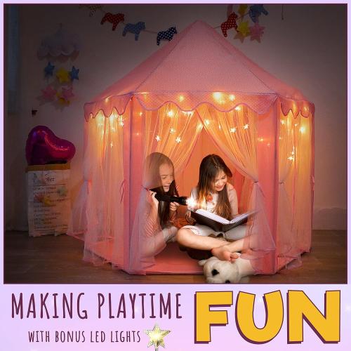 ORIAN Princess Castle Playhouse Tent for Girls with LED Star Lights – Indoor & Outdoor Large Kids Play Tent for Imaginative Games – ASTM Certified, 230 Polyester Taffeta. Pink 55x53.