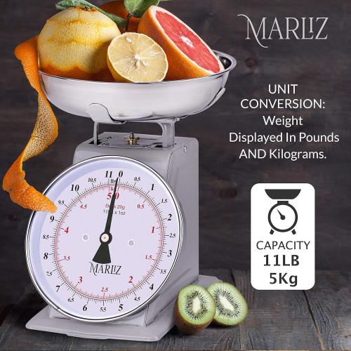 MARLIZ 11 lb/ 5Kg Old Antique Style Mechanical Kitchen Scale with 2 Bowls | Analog Food Weight Scales for Kitchen | Grey