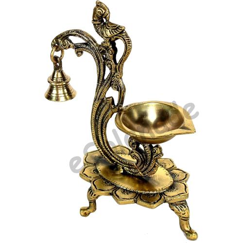 eSplanade - 8 - Peacock Diya with Bell - Lotus Shaped Round Brass Diya | Oil Lamp Deepam | Home Decor | Kuthu Vilakku | Oil Lamps for Home and Office