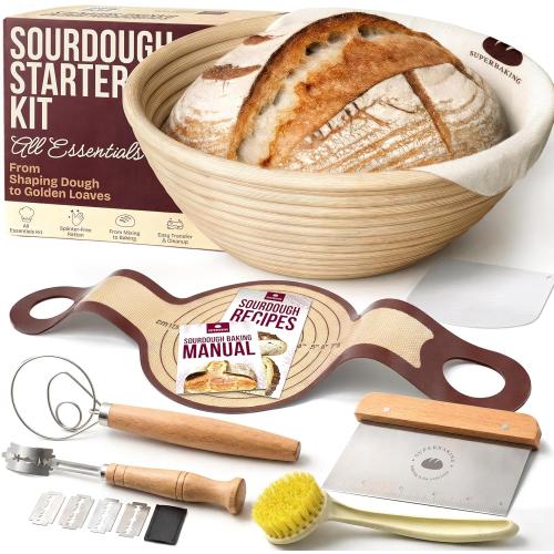 Superbaking Sourdough Starter Kit, 9 Round Banneton Bread Proofing Basket Set, Sourdough Bread Baking Supplies, Sourdough Tools with Silicone Bread Sling, Bread Making Tools, Baking Gifts