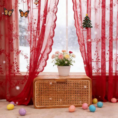 Christmas Lace Curtains 84 Inches Long for Living Room Red